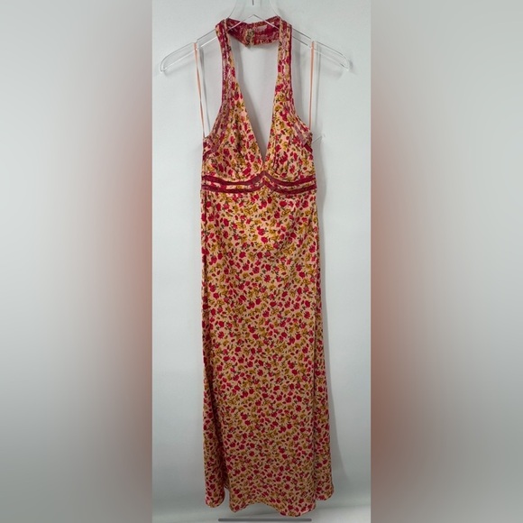 Topshop satin slip dress with lace insert in orange print B1411 - Picture 5 of 7